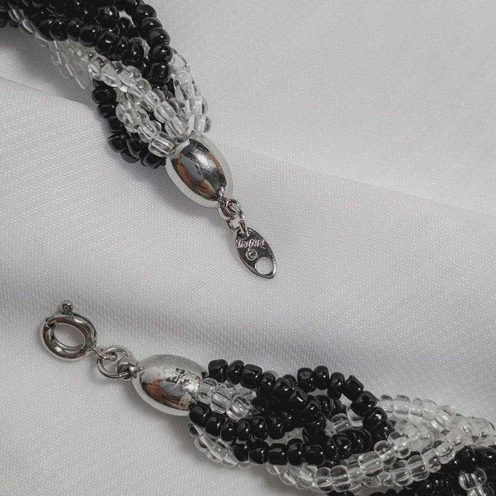 Vintage Trifari Black Clear Glass Seed Beaded Woven Rope Choker Necklace - Picture 6 of 8